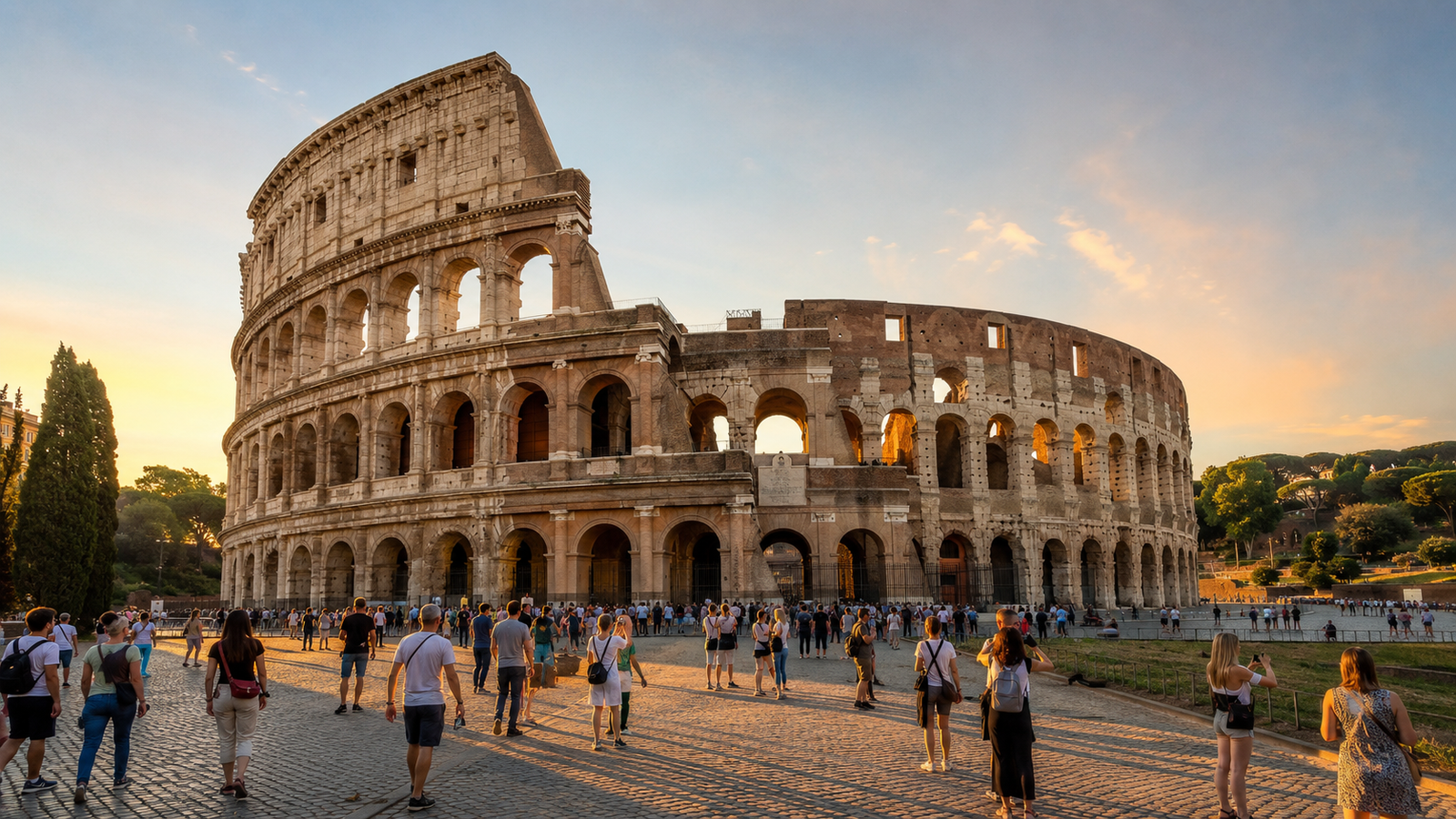 Stunning golden hour sunset view of the Colosseum Roma ancient structure, inspiring travelers to book their colosseum tickets rome for an unforgettable experience