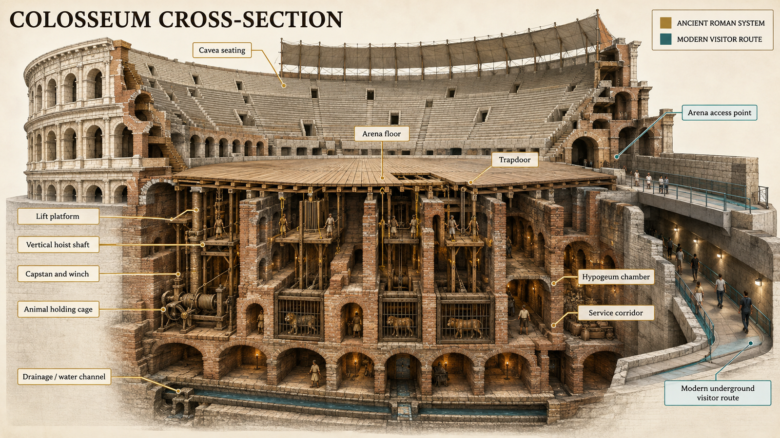 Cross-section diagram of Colosseum Rome underground hypogeum showing ancient gladiator areas and colosseum arena tickets access routes