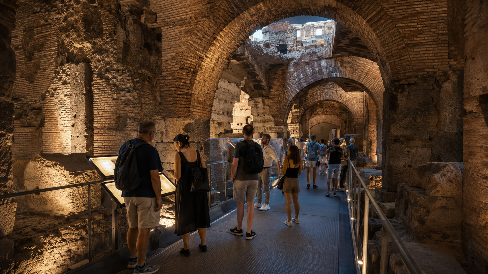 Tourists exploring the Colosseum Roma underground hypogeum chambers lit by museum lighting, showing the ancient vault architecture and colosseum arena tickets visitor experience