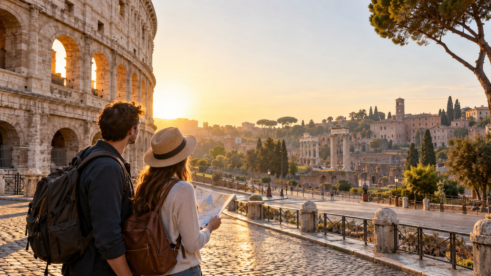 Couple beginning a Rome itinerary 4 days at the Colosseum