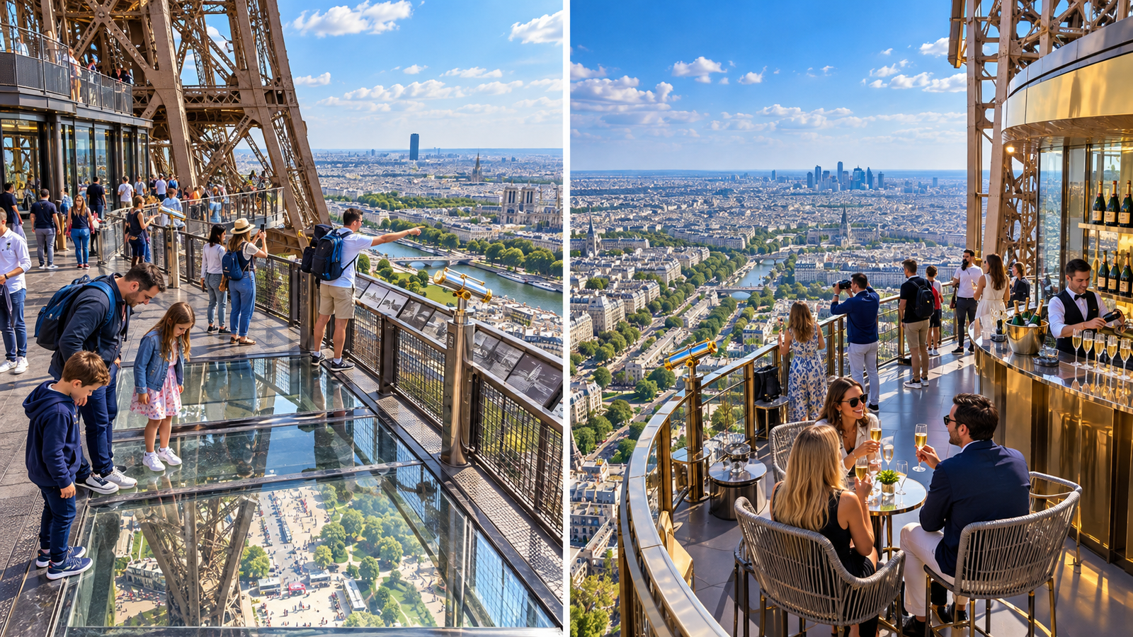 Comparison of Eiffel Tower second floor and summit observation decks with panoramic Paris views